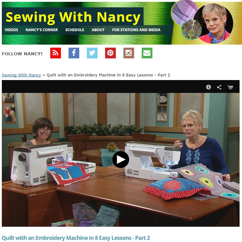 Quilt With An Embroidery Machine in 8 Easy Lessons by Eileen Roche as Seen on Sewing With Nancy with Nancy Zieman