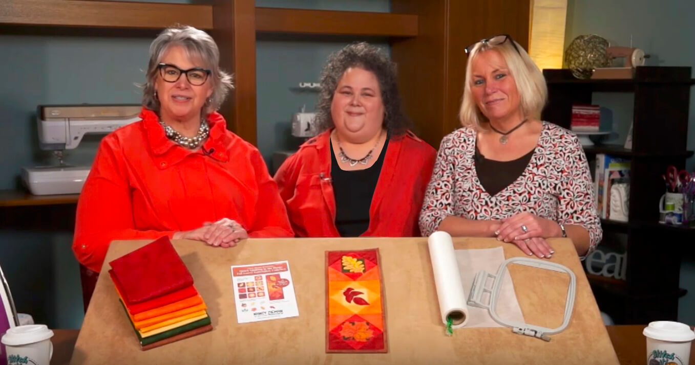 Deanna Springer, Denise Abel, and Dana Casey on the Set of Stitch it! Sisters Program 115 at the Nancy Zieman Productions