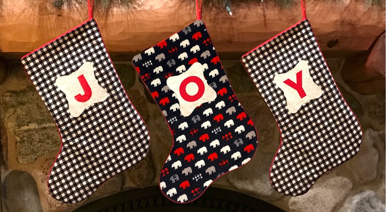 2020 Monogrammed Christmas Stocking Sewing Tutorial at The Nancy Zieman Productions Blog JOY Stockings