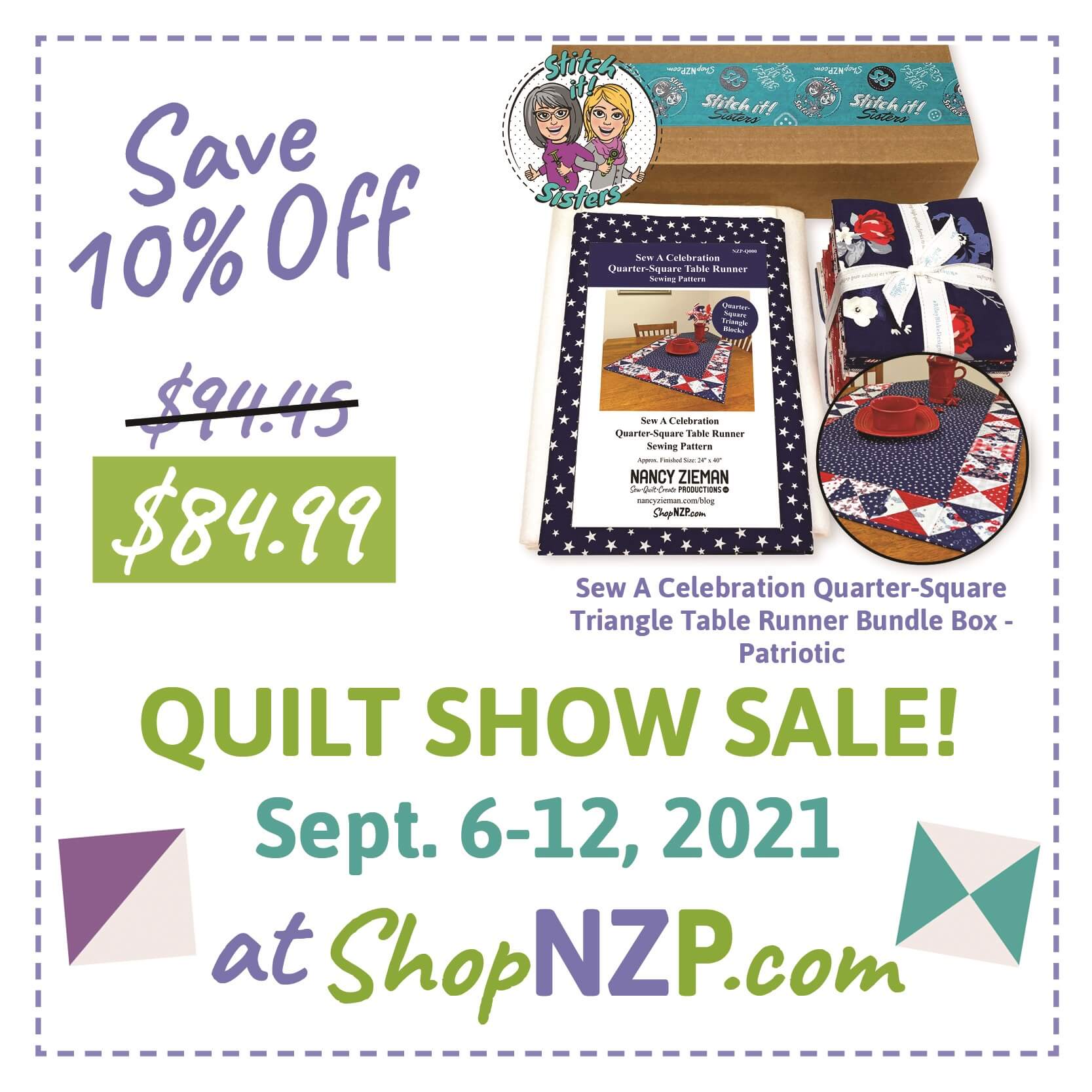 Save 10 Percent off Sew A Celebration Quarter-Square Triangle Table Runner Bundle Box - Patriotic at Nancy Zieman Productions at ShopNZP
