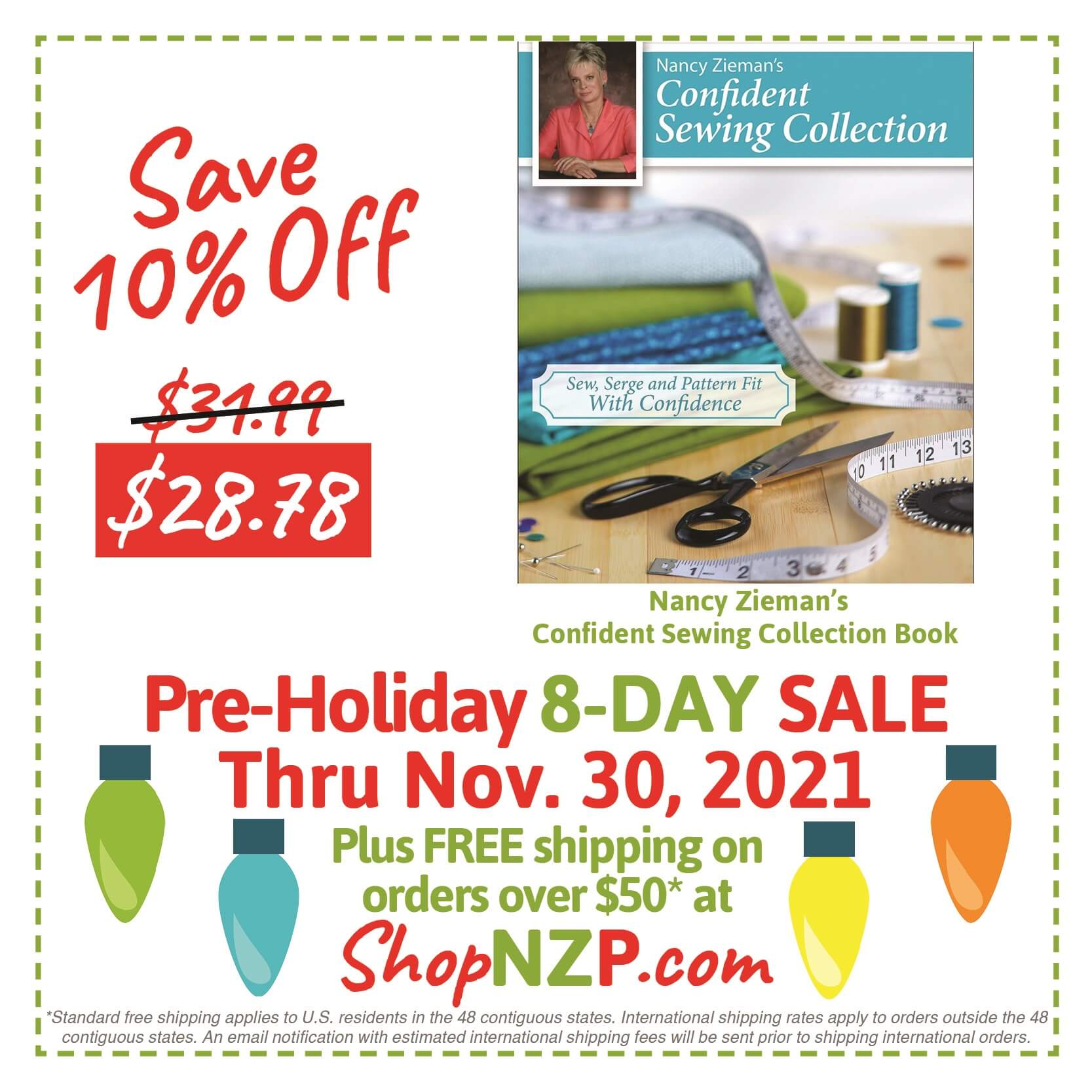 Save 10 Percent Off Confident Sewing Collection Book by Nancy Zieman at Nancy Zieman Productions at ShopNZP.com Sale Nov 23-30, 21