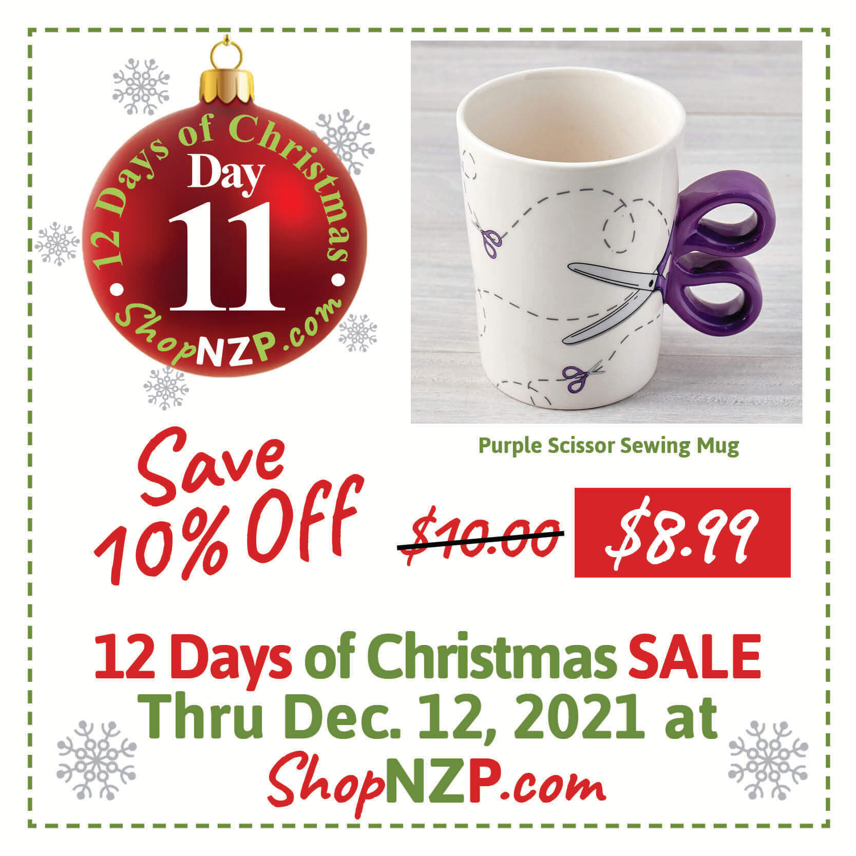 Day 11 Save 10 Off Purple Scissor Sewing Mug at Nancy Zieman Productions at ShopNZP.com Sale Dec 1 12 2021