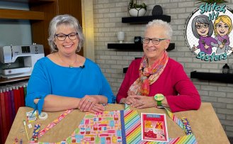 Deanna Springer and Mary Mulari on the set of Stitch It! Sisters for Apron Sewing Workshop Progam S!S301