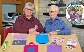Deanna Springer and Mary Mulari on the set of Stitch it Sisters Felt Sew Smart 1000 x 550 SIS scaled
