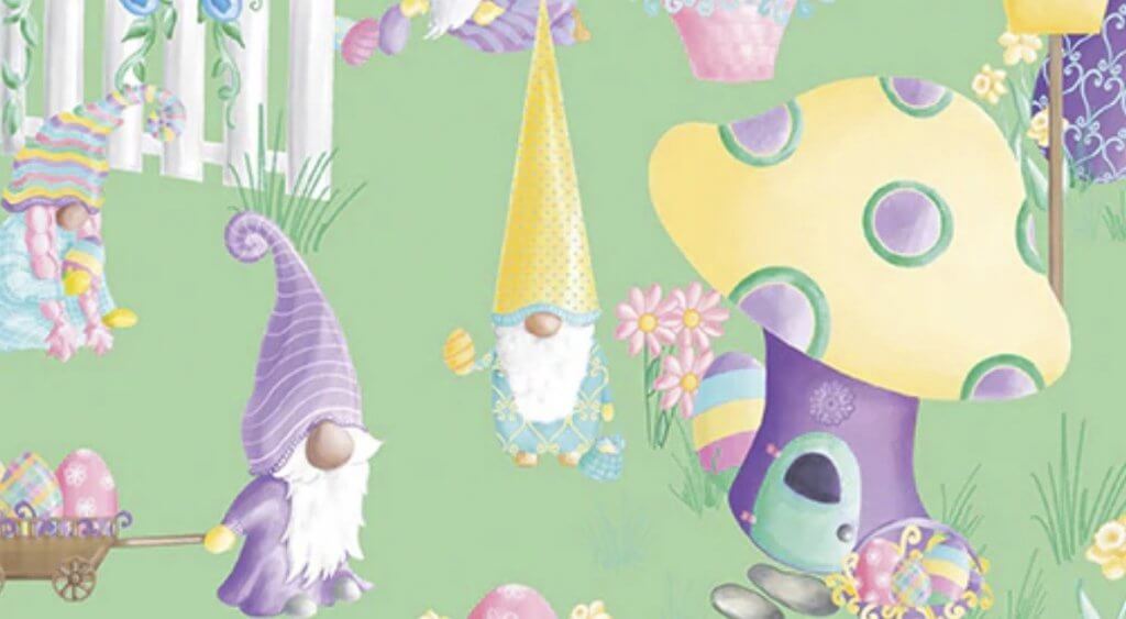 NEW! Spring Garden Gnomes Fabric by the Yard Available at Nancy Zieman Productions at ShopNZP.com