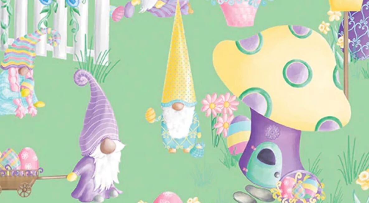 NEW! Spring Garden Gnomes Fabric by the Yard Available at Nancy Zieman Productions at ShopNZP.com
