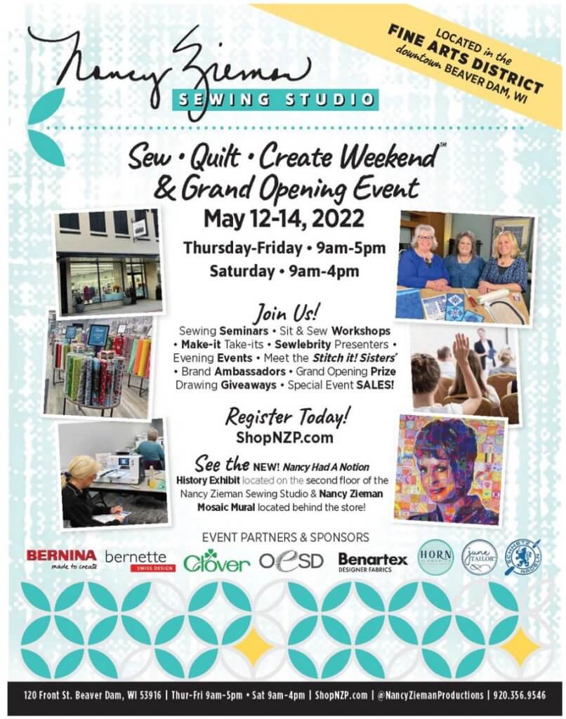 Sew Quilt Create Weekend and Nancy Zieman Sewing Studio Grand Opening Event this May in Beaver Dam Wisconsin