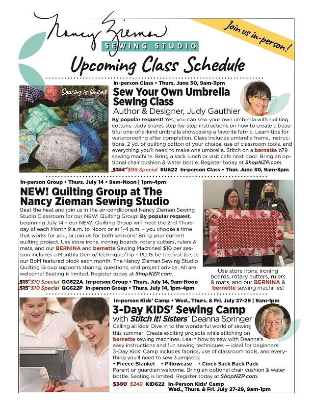 Nancy Zieman Sewing Studio Store Class Listing for Sewing Classes and Quilting Club in Beaver Dam Wisconsin