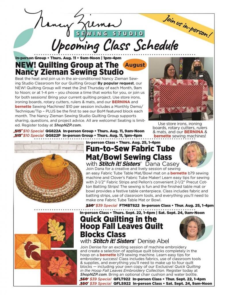 Store Class Schedule Store Class Schedule Listing at The Nancy Zieman Sewing Studio in Beaver Dam WI