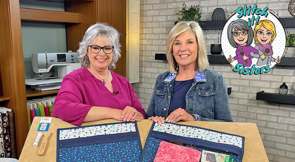 Deanna Springer and guest Jill Repp from June Tailor on the set of Stitch it! Sisters Quilt As You Go Zippity Do Done Project Bags