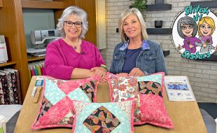 Deanna Springer and guest Jill Repp on the set of Stitch it! Sisters Quilt As You Go Pillows 1000 x 550 S!S
