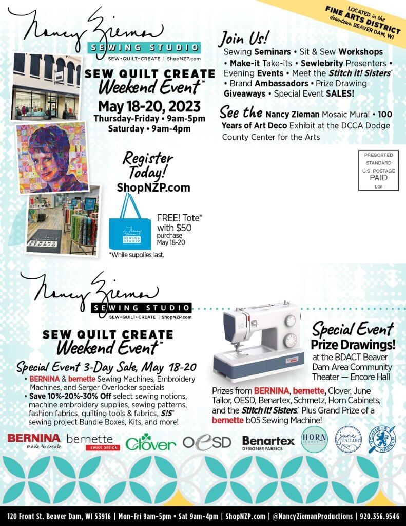 Sew Quilt Create Weekend Sewing Event in Beaver Dam Wisconsin This May at The Nancy Zieman Sewing Studio
