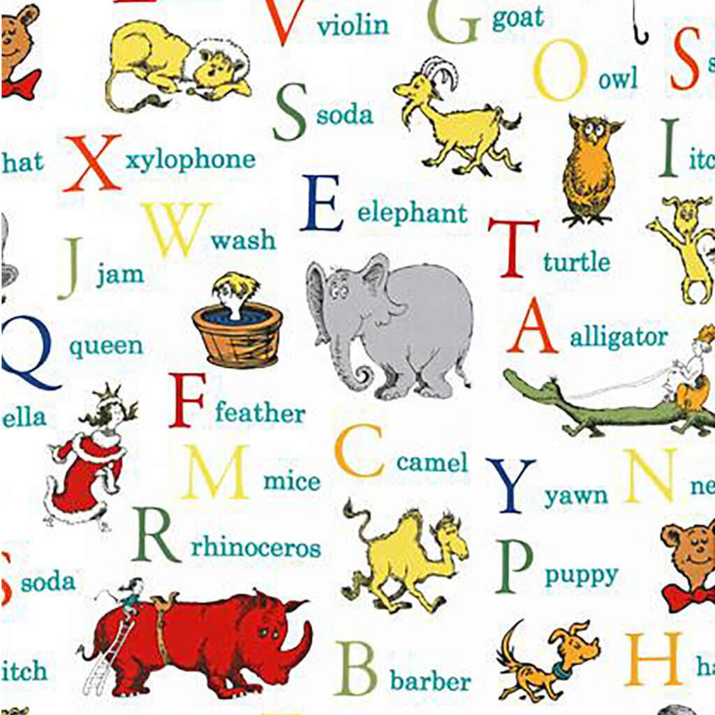 NEW! Dr. Seuss ABC Adventure White Fabric by the Yard available at at ShopNZP.com from Nancy Zieman Productions