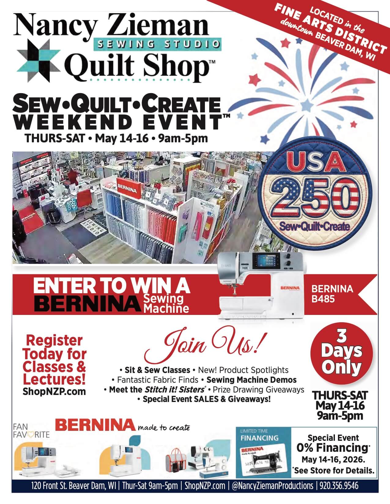 2026 Sew Quilt Create Weekend Event at the Nancy Zieman Sewing Studio And Quilt Shop in Downtown Beaver Dam WI 