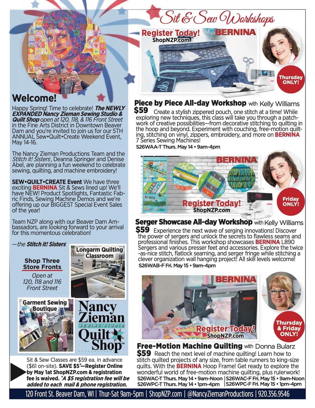 2026 Sew Quilt Create Weekend Event at the Nancy Zieman Sewing Studio And Quilt Shop in Downtown Beaver Dam WI 