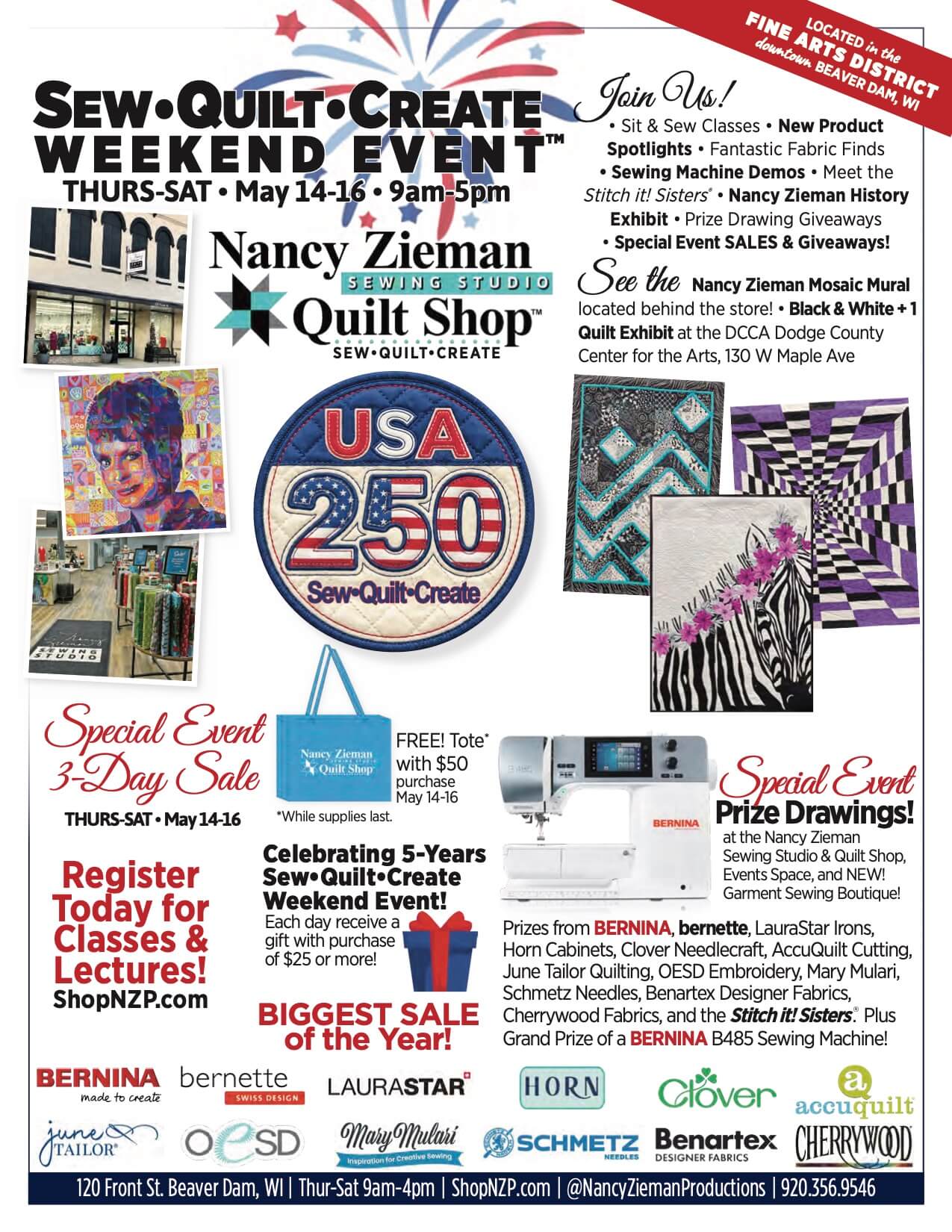 2026 Sew Quilt Create Weekend Event at the Nancy Zieman Sewing Studio And Quilt Shop in Downtown Beaver Dam WI 