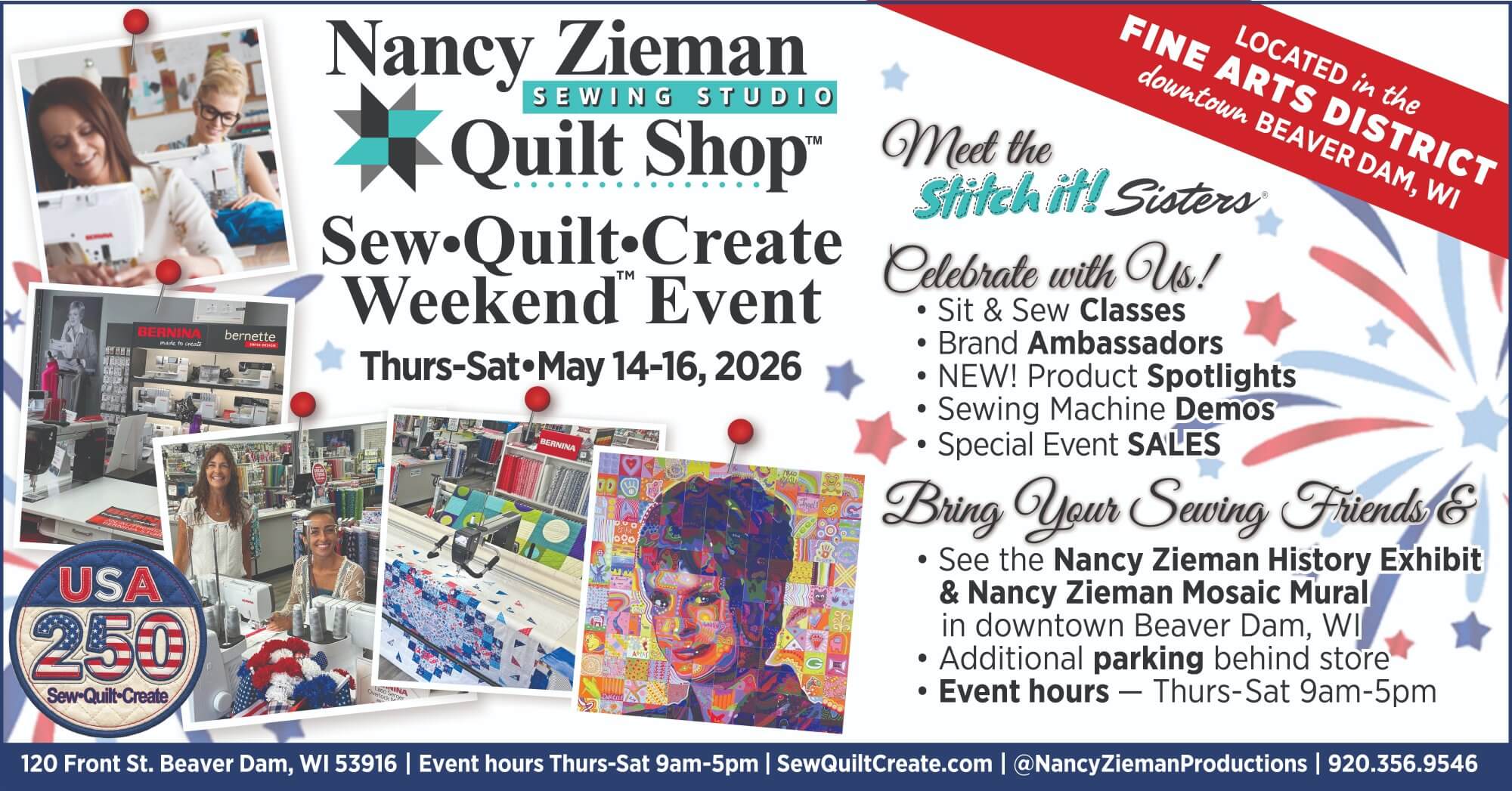 2026 Sew Quilt Create Weekend Event at the Nancy Zieman Sewing Studio And Quilt Shop in Downtown Beaver Dam WI 
