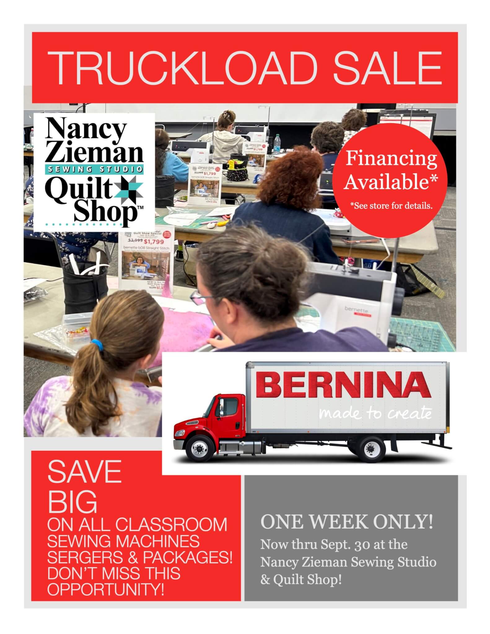 We're back and unpacked from The Great Wisconsin Quilt Show with BIG Savings on Quilt Show model machines! If you missed The Great Wisconsin Quilt Show, no worries! You can now take advantage of show pricing on remaining quilt show models! For pricing and model selection call The Nancy Zieman Sewing Studio & Quilt Shop in Downtown Beaver Dam: 920-356-9546.